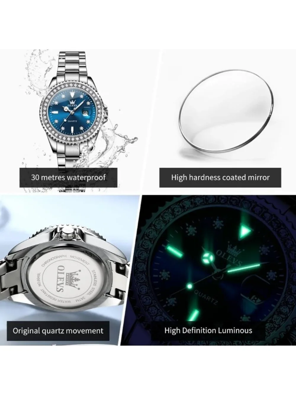 Women's Blue Luxury Diamond with Date Analog Quartz Waterproof Wrist Watch